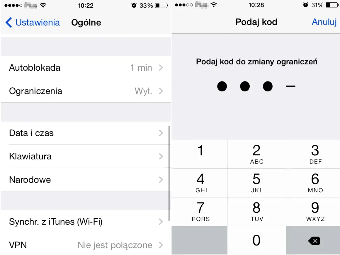 Ekran iPhone'a z ustawieniami. Widać opcję "Ograniczenia" i prośbę o podanie kodu, co sugeruje kontrola rodzicielska iPhone.