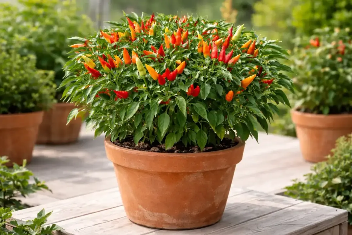 Pianta rigogliosa di peperoncini in vaso, con frutti rossi, arancioni e gialli. Un invito a coltivare peperoncino in casa o in giardino.
