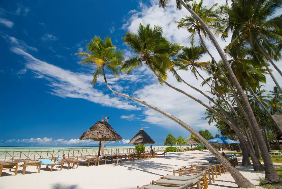 Plaża na Zanzibarze z palmami, leżakami i parasolami pod błękitnym niebem.