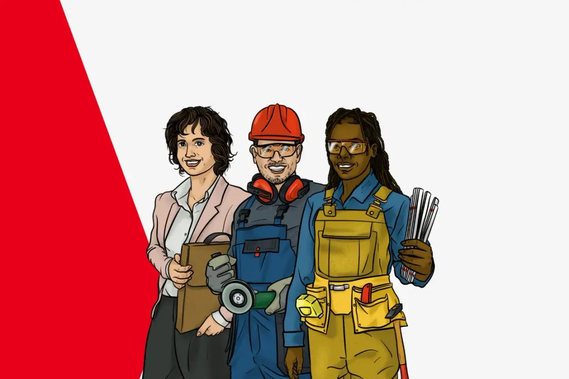 Drei Personen, ein Beitrag für die Metallbranche: eine Frau mit Aktenkoffer, ein Mann mit Schutzhelm und Winkelschleifer, eine Frau mit Werkzeuggürtel und Falzbein.