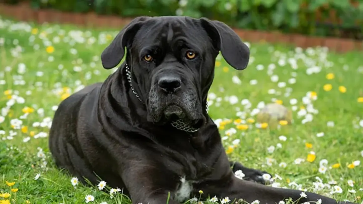 Un majestuoso perro cane corso negro descansa en un prado lleno de flores silvestres blancas y amarillas.