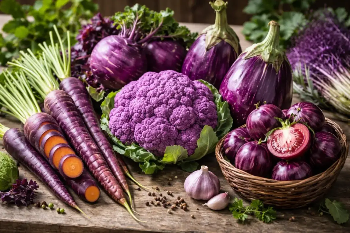 Lila Karotten, Auberginen, Blumenkohl und Tomaten – ein Fest für die Augen und eine Inspiration für einen lila Salat.
