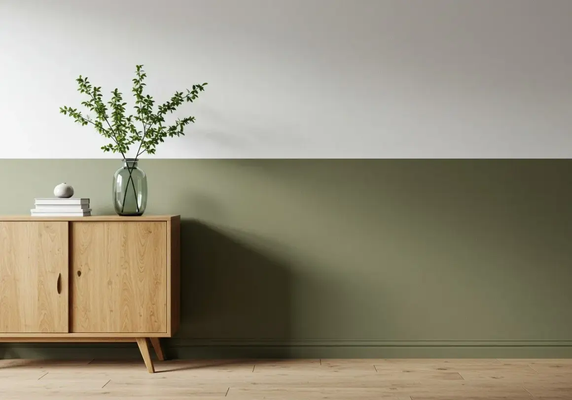 Eine zweifarbige Wand in Weiß und Olivgrün, akzentuiert durch ein Holzsideboard mit Vase und Büchern.