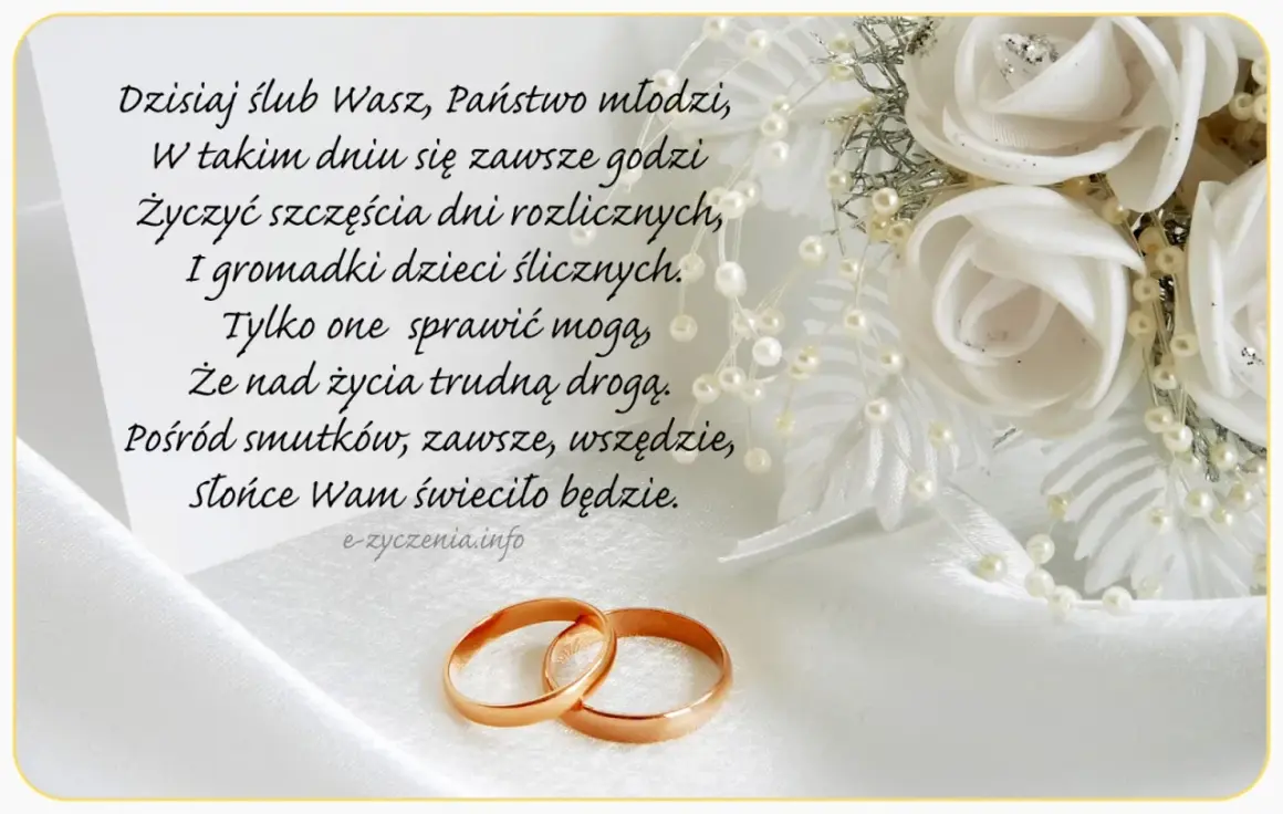 Mądre życzenia ślubne od rodziców: szczęścia, dzieci i słońca na trudnej drodze życia. Dwa złote obrączki na białym tle.