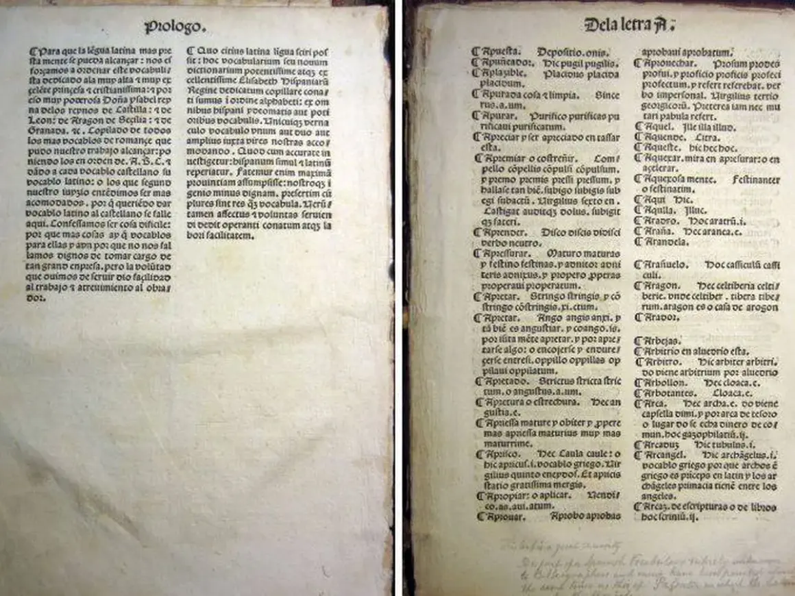 Libro antiguo con texto en latín y castellano. El prólogo menciona a Alonso de Palencia y su obra.