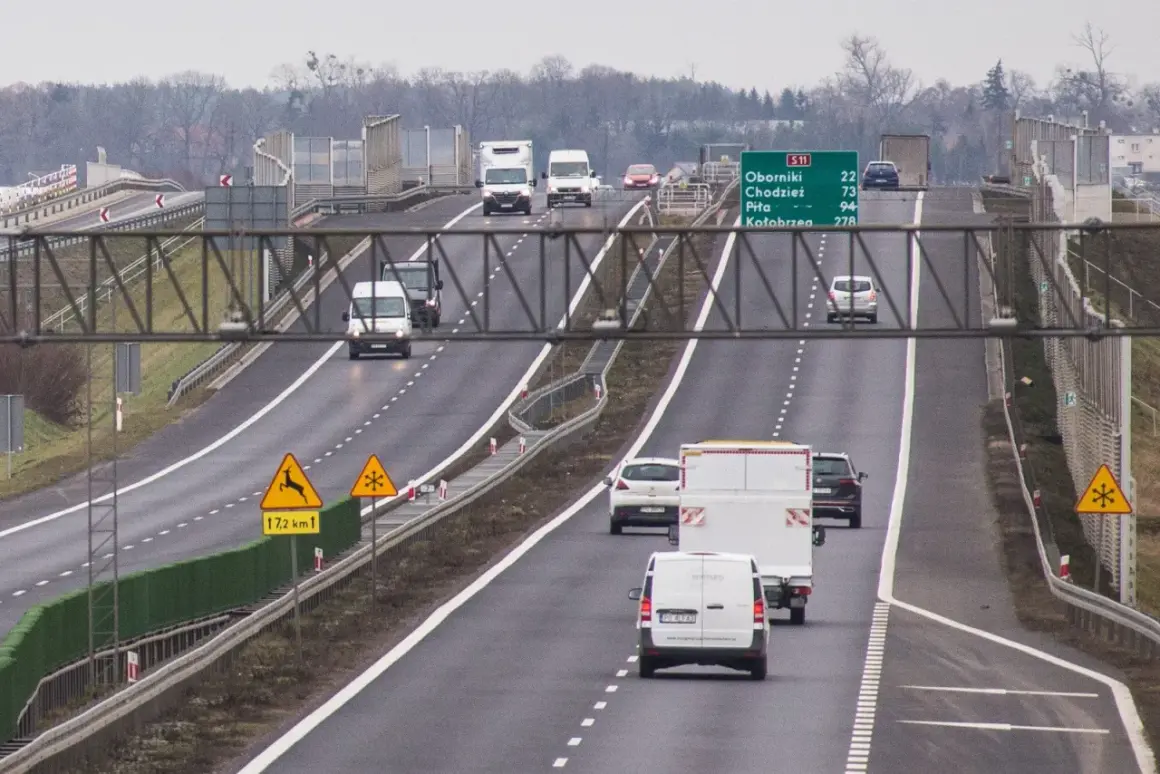 Ruch na drodze S11 Kórnik-Jarocin. Samochody i furgonetki jadą w kierunku Kołobrzegu. Znaki ostrzegają przed dzikimi zwierzętami i śliską nawierzchnią.