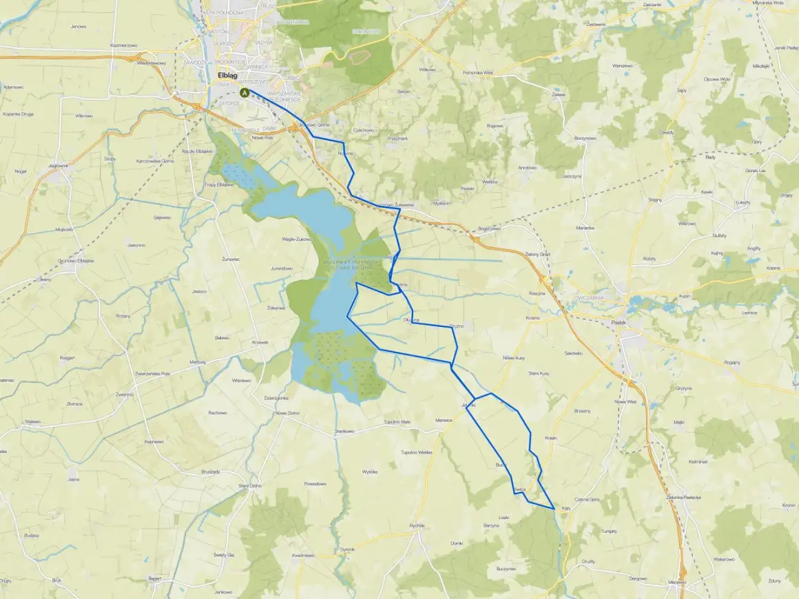 Trasy rowerowe Elbląg i okolice. Mapa pokazuje szlaki rowerowe wokół Elbląga i Jeziora Drużno.