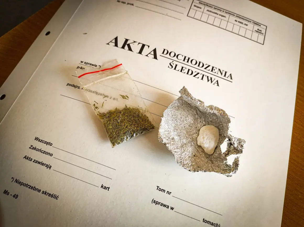 Mała torebka z suszem i grudka substancji w folii aluminiowej na dokumentach śledczych.