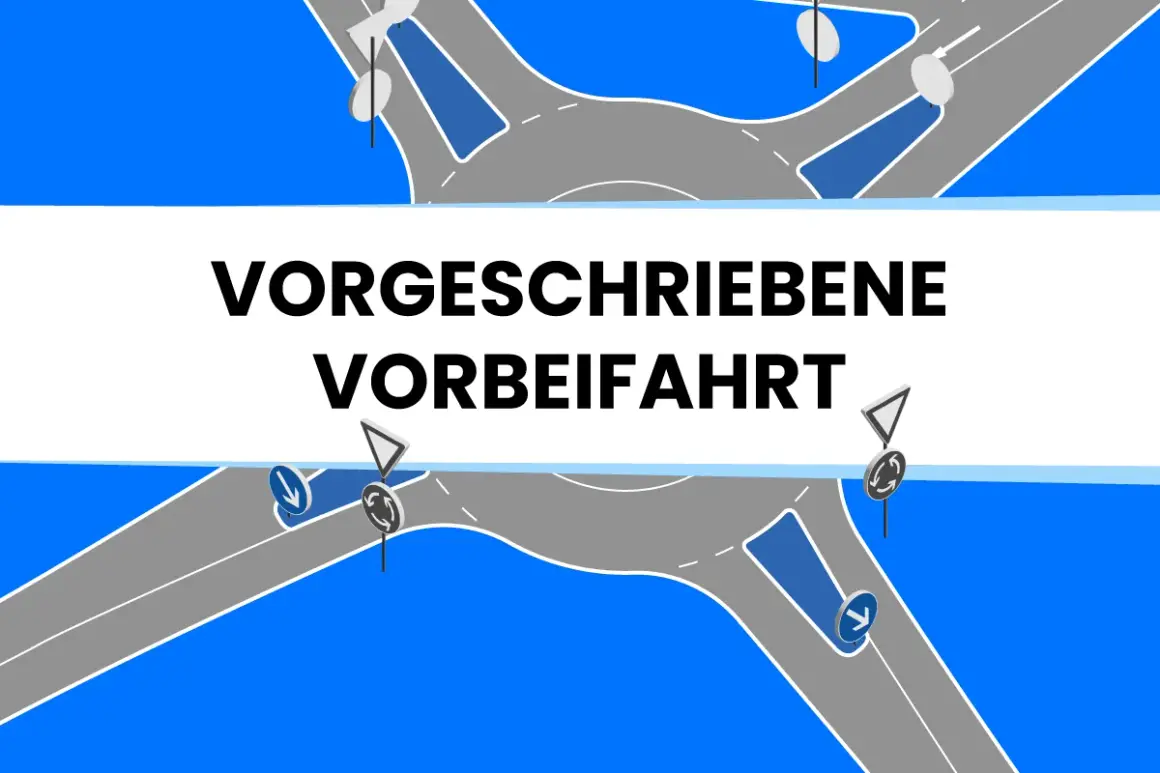 Grafik zeigt einen Kreisverkehr mit Schildern, die eine vorgeschriebene Vorbeifahrt anzeigen.