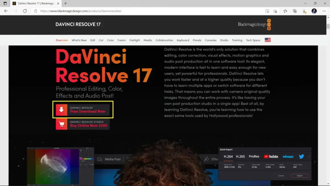 Strona internetowa promuje DaVinci Resolve 17, oferując darmowe pobieranie i zakup wersji Studio.
