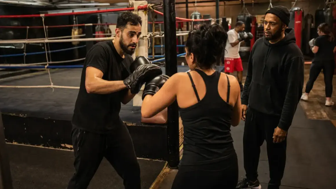 A boxing coach instructs a woman in a ring, while other boxers train in the background. This scene highlights the dedication required across all mens boxing weight classes.