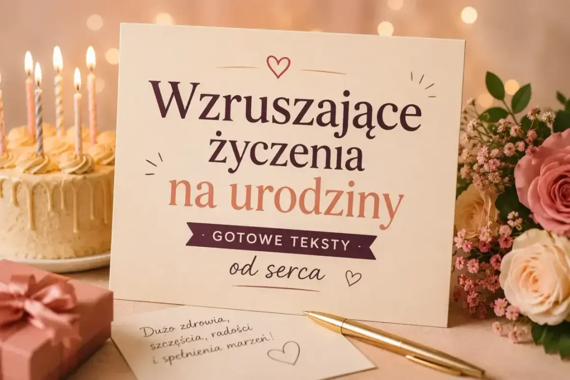 Karta z napisem "Wzruszające życzenia na urodziny" obok tortu, prezentu i kwiatów. Idealna, by wyrazić wzruszające słowa dla przyjaciela.