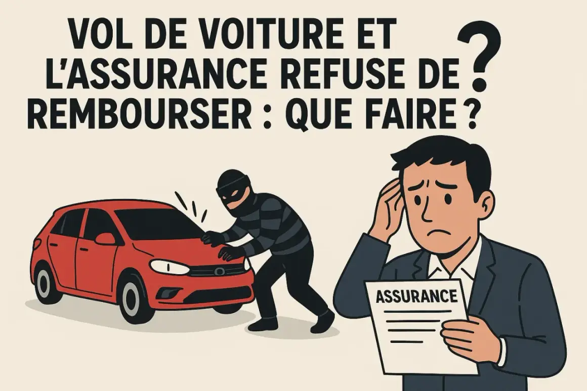 Un voleur s'en prend à une voiture rouge, un homme inquiet tient un document d'assurance.