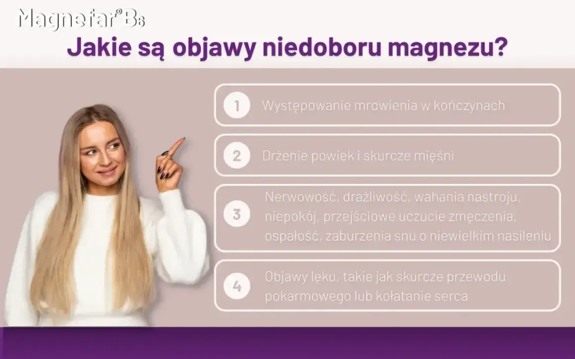 Kobieta wskazuje na listę objawów niedoboru magnezu: mrowienie, drżenie powiek, nerwowość, lęk.