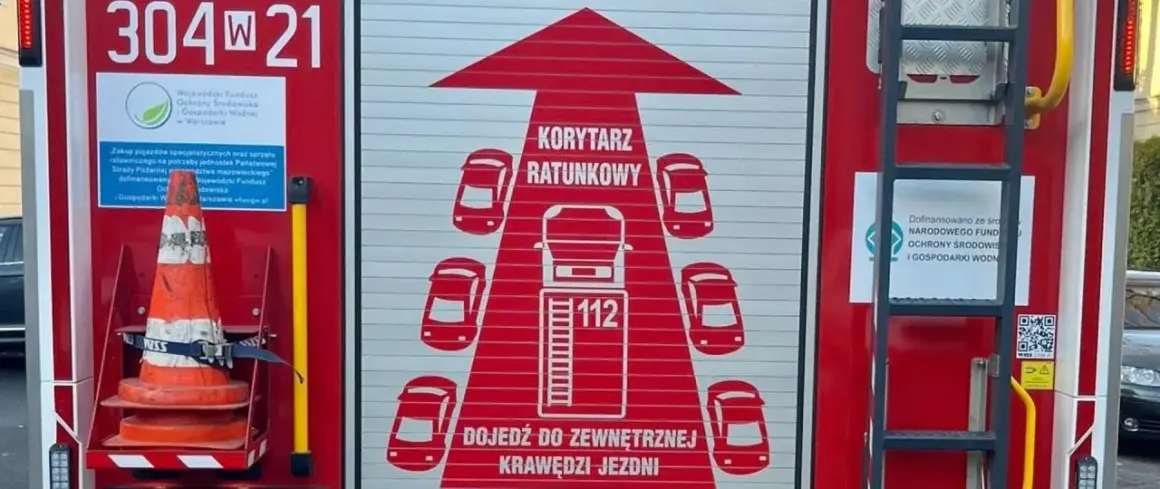Grafika na drzwiach wozu strażackiego przedstawia korytarz życia, symbolizujący drogę dla pojazdów ratunkowych.