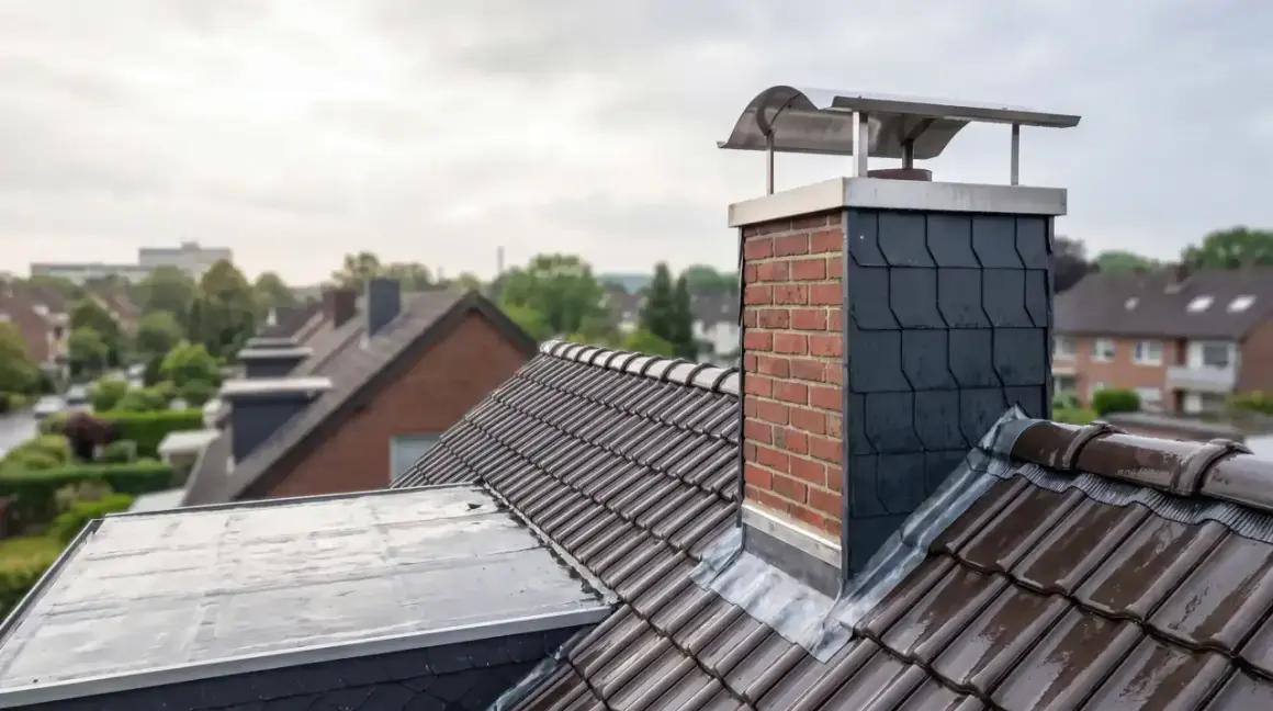 Ein Ziegeldach mit einem gemauerten Schornstein, der eine schlichte schornstein regenhaube ja oder nein trägt.