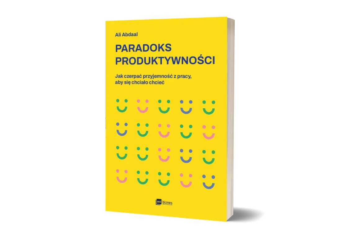 Okładka książki "Paradoks Produktywności" Ali Abdaala. Żółte tło z rzędami uśmiechniętych buziek.