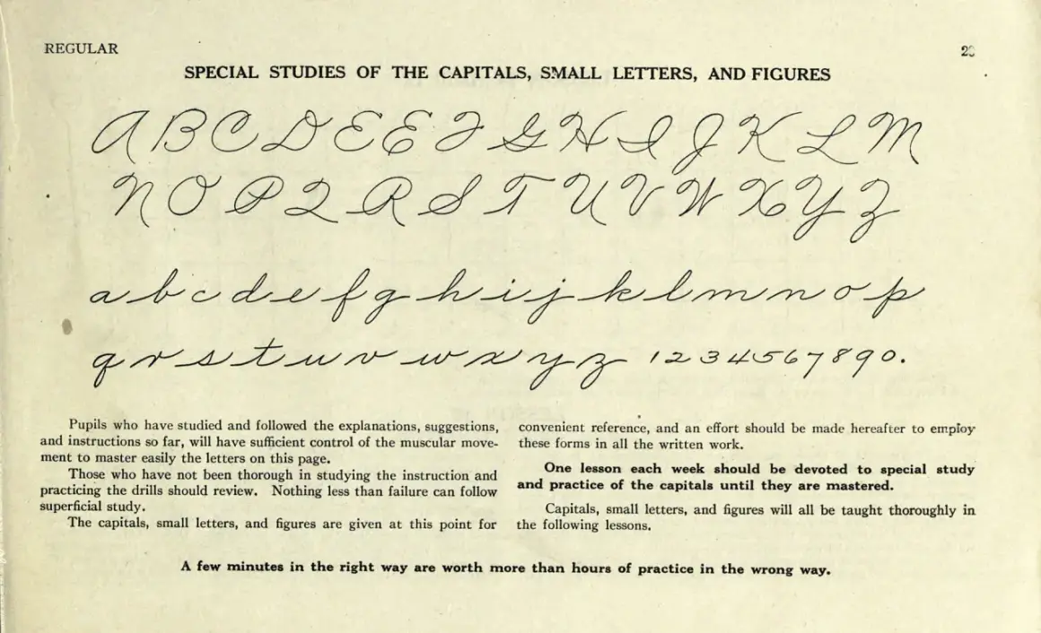 A page of cursive handwriting practice, showing the alphabet in uppercase and lowercase, and numbers. The text guides students on how in cursive to master these forms.