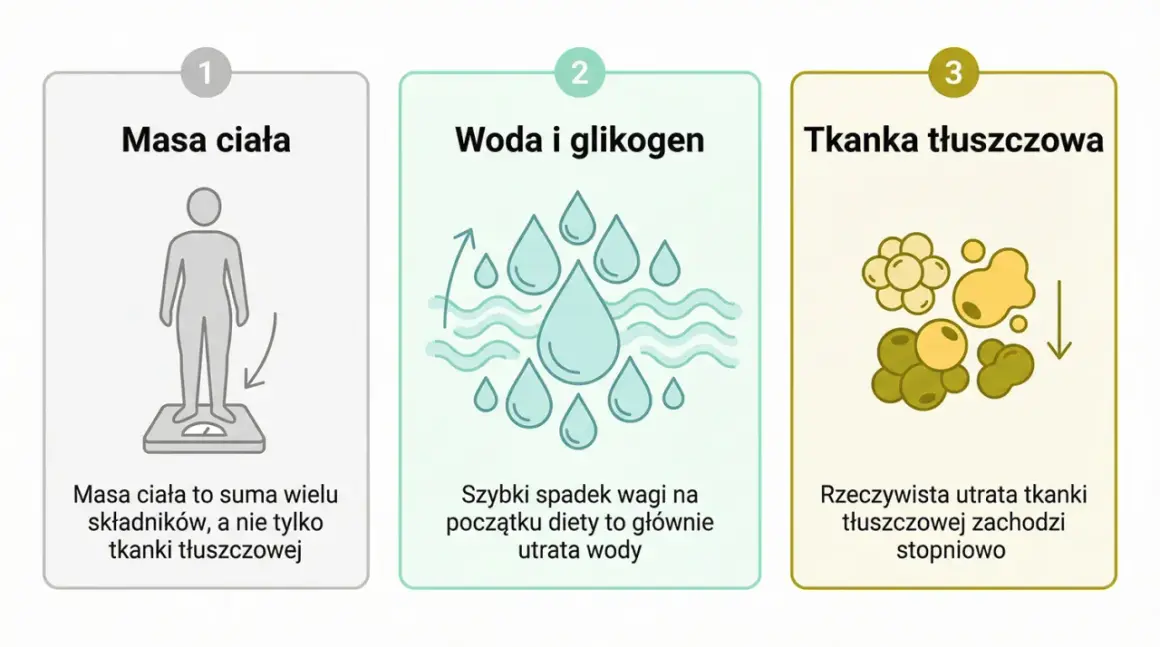 Trzy etapy utraty wagi: masa ciała, woda i glikogen, tkanka tłuszczowa. Deficyt kaloryczny prowadzi do stopniowej utraty tkanki tłuszczowej.