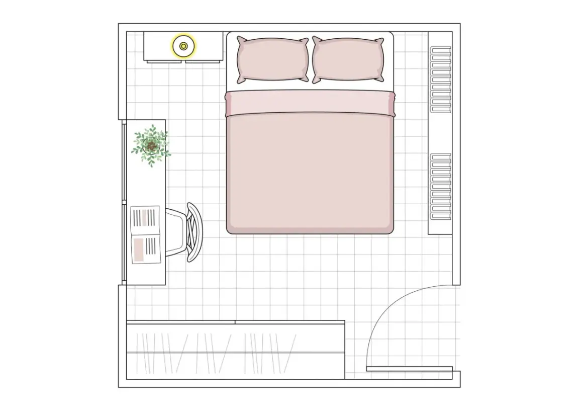 Plano de habitación de 6 metros cuadrados con cama, escritorio, armario y planta.