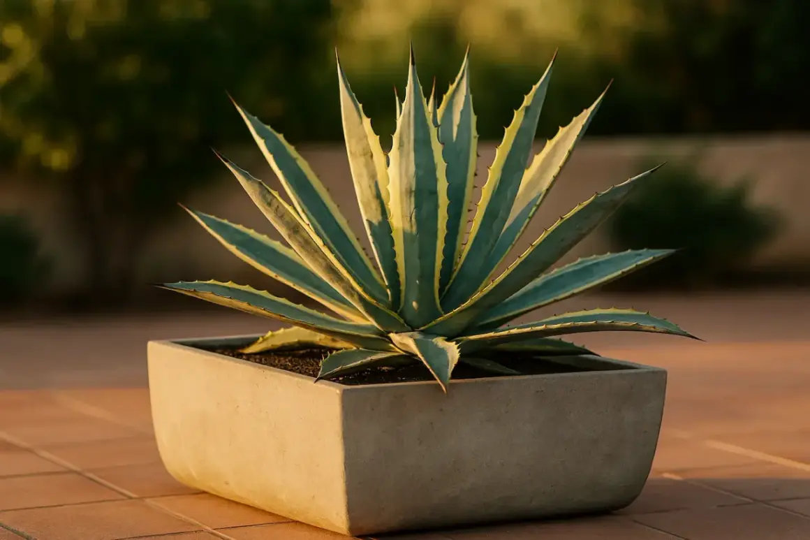 Agave variegata in un vaso squadrato, con foglie verdi e gialle che si aprono a raggiera.