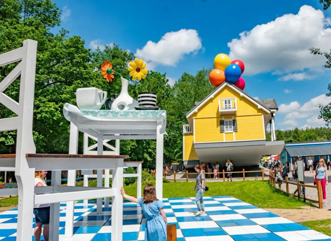 Dzieci bawią się w surrealistycznym parku, gdzie dom unosi się na balonach, a stół jest gigantyczny. Idealne miejsce na rodzinne przygody w parkach dla dzieci.