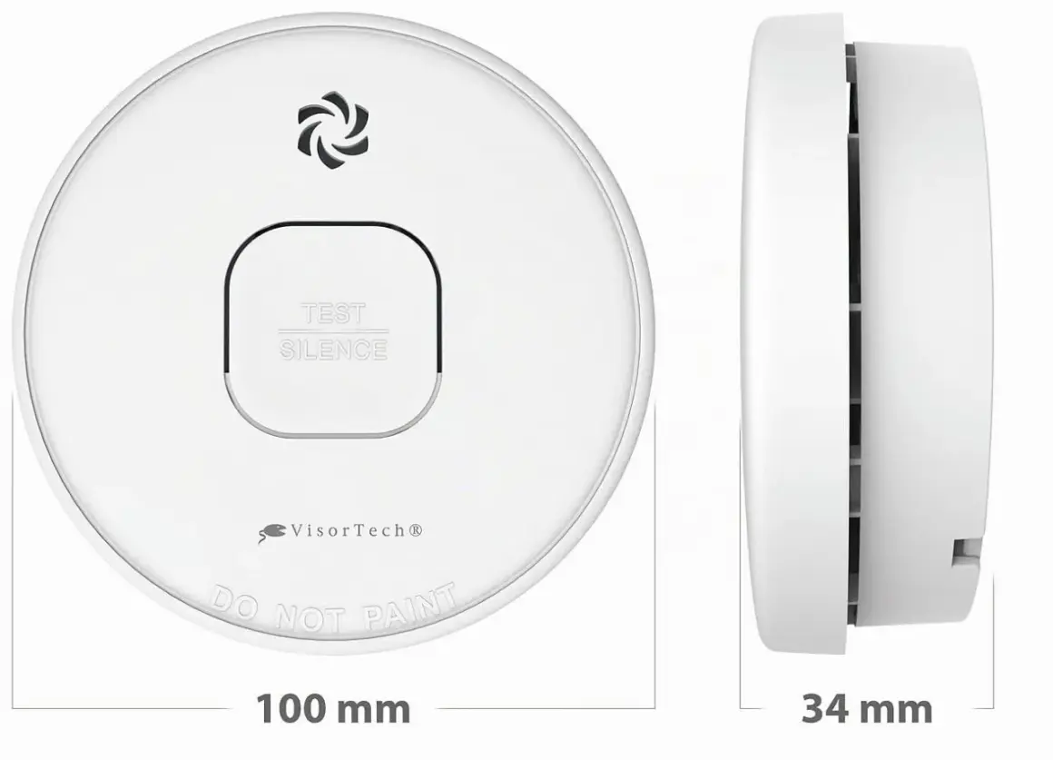 VisorTech Rauchmelder Test: Weißer Rauchmelder mit Test/Silence-Taste und Logo. Maße 100 mm Durchmesser, 34 mm Höhe.