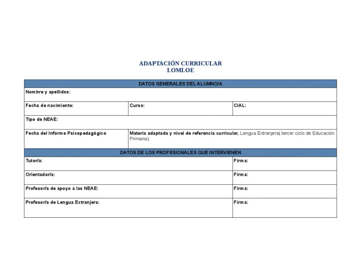 Formulario de adaptación curricular LOMLOE para **acis educación**, con datos del alumno y profesionales.
