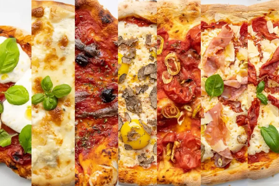 Sechs Pizzen nebeneinander: Mozzarella mit Basilikum, Sardellen, Trüffel, Tomaten, Prosciutto und getrocknete Tomaten. Vielfalt beim Pizza Belag!