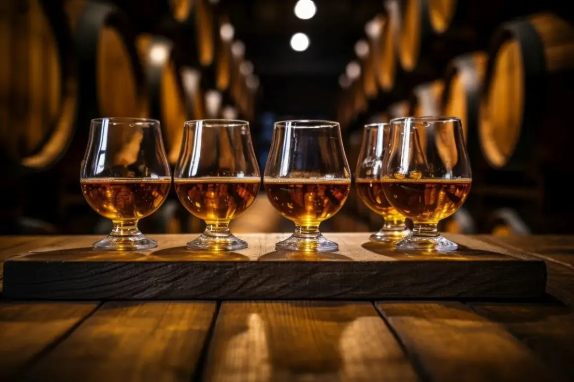 Degustacja whisky w beczkach. Jak wybrać dobrą whisky? Złocisty trunek w kieliszkach na drewnianym blacie.