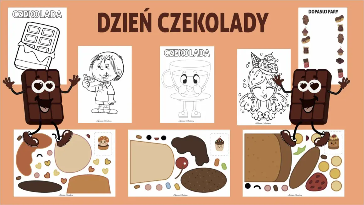 Zabawy plastyczne na dzień czekolady w przedszkolu: kolorowanki, wycinanki i dopasowywanie par słodkości.