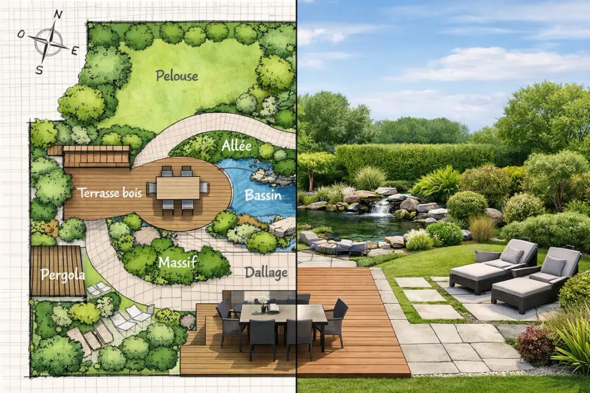 Plan d'un jardin avec un plan d'eau de petite taille, une terrasse en bois, une pelouse et une allée. La partie droite montre le jardin réalisé avec une cascade.