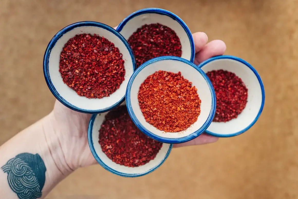 Cztery małe miseczki z gochugaru, koreańską papryką chili. To właśnie gochugaru co to za przyprawa, która nadaje potrawom pikantności i koloru.