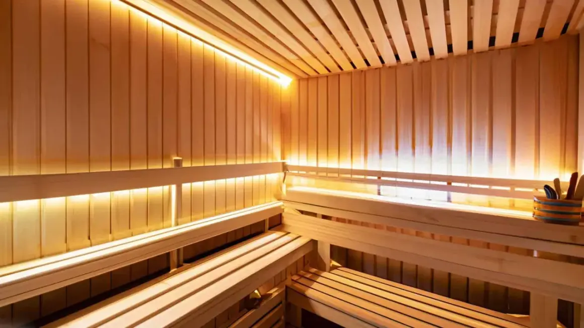 Drewniana sauna z ławami i ciepłym, nastrojowym oświetleniem. Lampy do sauny tworzą relaksującą atmosferę.