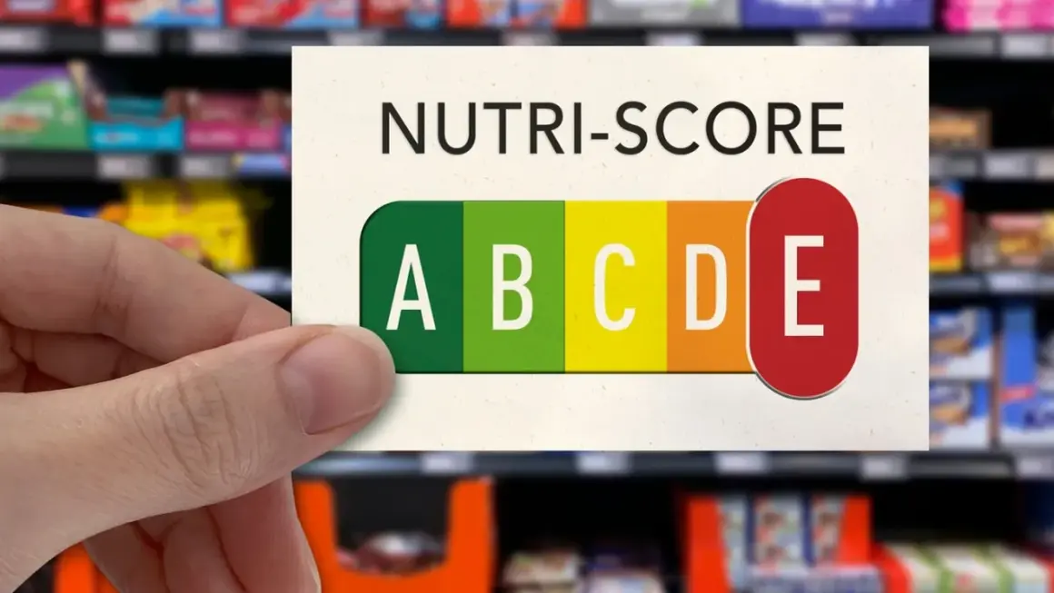 Hand hält Karte mit Nutri-Score D, das eine schlechte Bewertung für Lebensmittel darstellt.