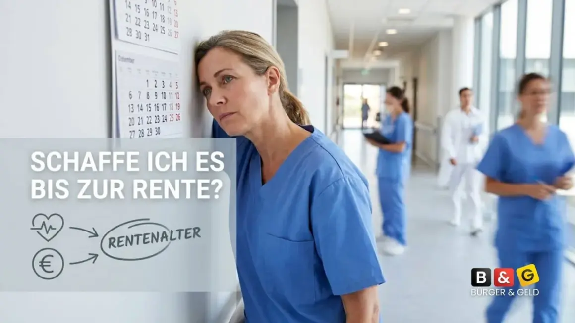 Erschöpfte Krankenschwester fragt sich: "Schaffe ich es bis zur Rente nach 30 Jahren Arbeit?" Kalender und Euro-Symbol deuten auf finanzielle Sorgen hin.