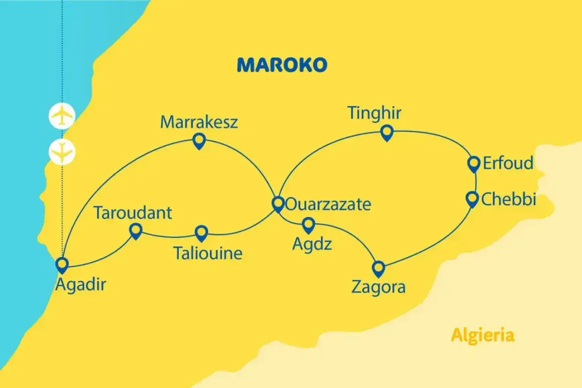 Mapa Maroka z trasą turystyczną: Agadir, Taroudant, Taliouine, Marrakesz, Ouarzazate, Agdz, Zagora, Erfoud, Tinghir, Chebbi. Dwa samoloty wskazują, ile się leci do Maroko.