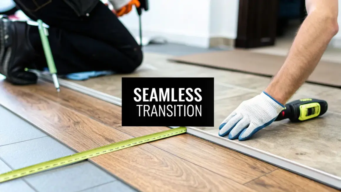 Workers install flooring, creating a seamless transition from tile to laminate. A measuring tape and drill are visible.