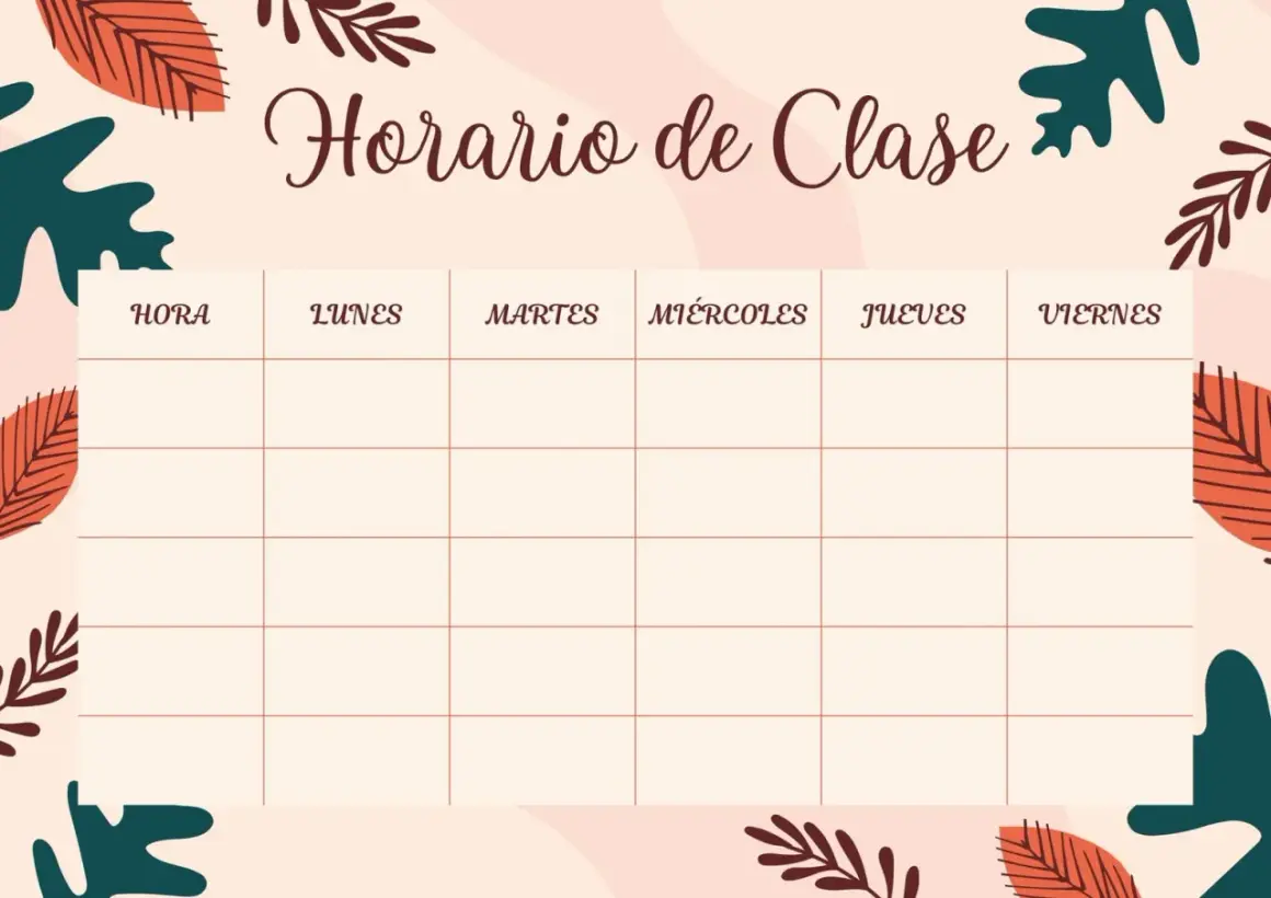 Horario de clase para imprimir con diseño otoñal. Organiza tus semanas fácilmente.