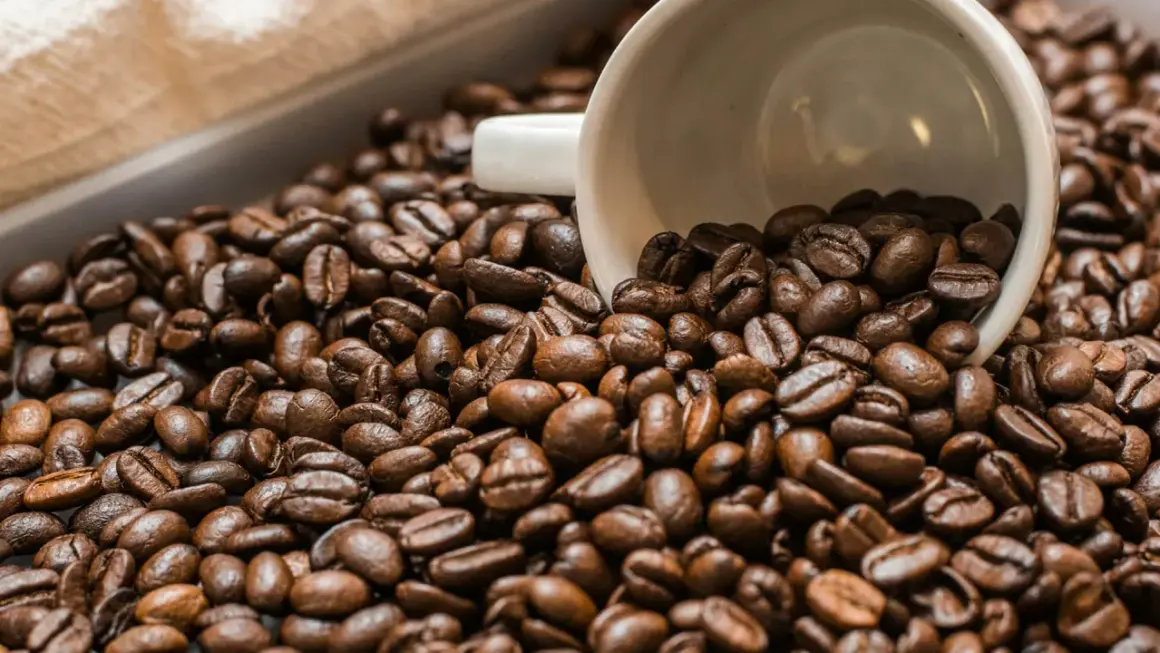Chicchi di caffè tostati, con una tazzina bianca rovesciata in mezzo. Un'immagine che evoca il piacere del caffè senza caffeina.