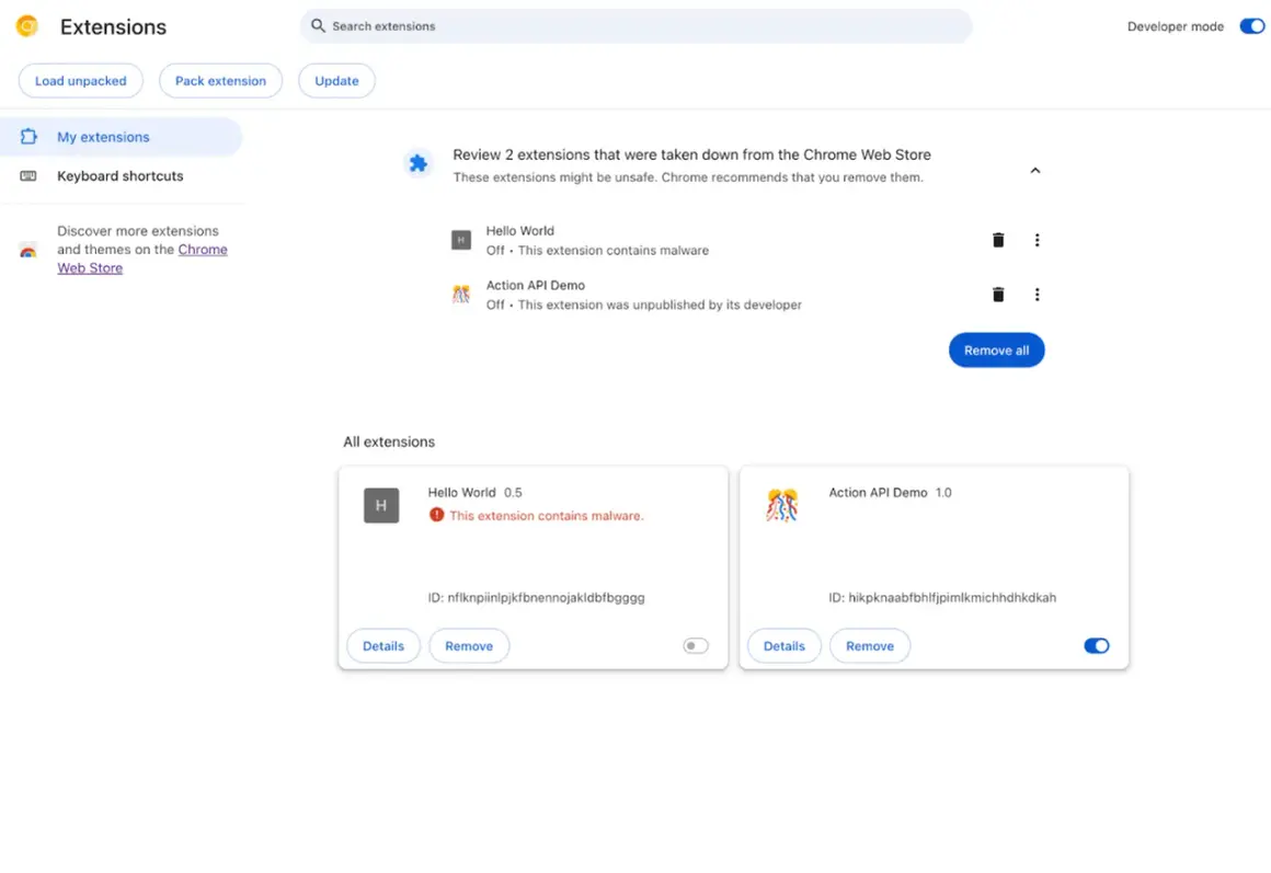 Zarządzanie rozszerzeniami w Google Chrome. Wykryto złośliwe oprogramowanie w jednym z dodatków, co wymaga jego aktualizacja lub usunięcie.