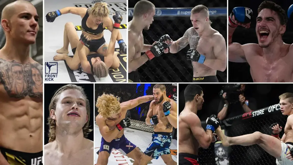 Kollage med MMA-fighters i action. En kvinna i topp och shorts på marken, två män i handskar som slåss, en man som jublar, och två män i en bur. Det här är verkligen best of mma.