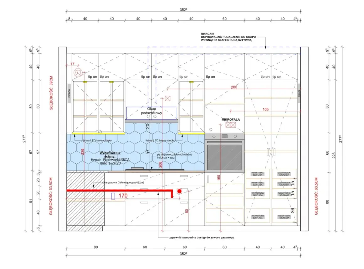 Projekt techniczny kuchni, ile egzemplarzy potrzebujesz? Widok z góry z wymiarami, okapem, mikrofalą i szufladami.