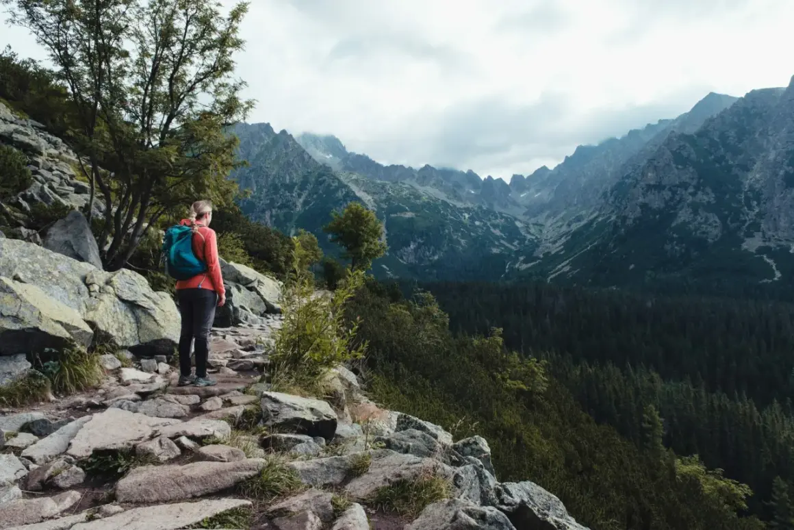 Frau mit Rucksack genießt die Aussicht beim Tatra Gebirge Wandern. Steiler Pfad, Felsen und Nadelwald.