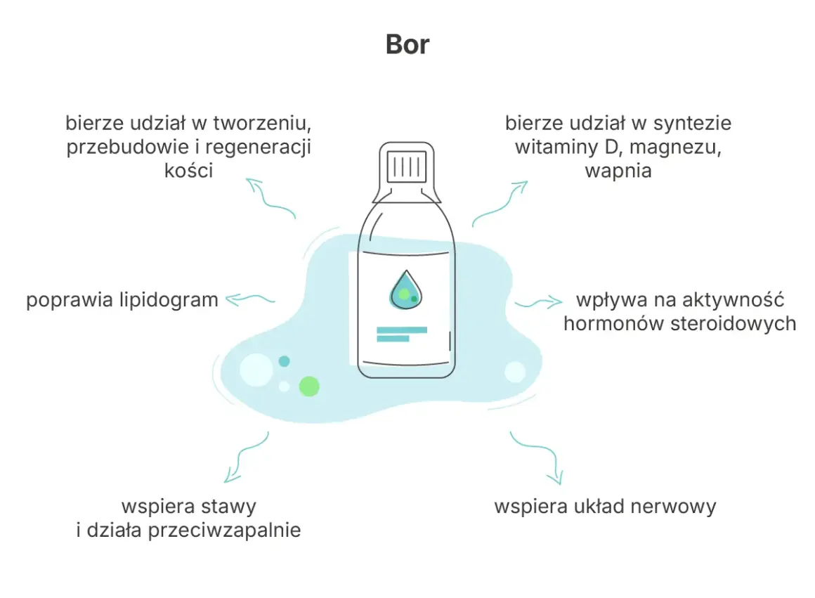 Bor pomaga w tworzeniu kości, syntezie witaminy D, wspiera stawy i układ nerwowy.