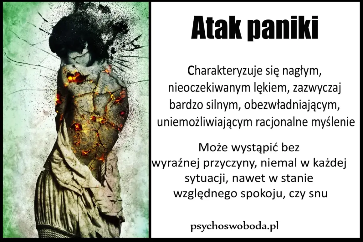 Statua pęka, ukazując ogień w środku, symbolizując nagłe objawy lękowe i atak paniki.