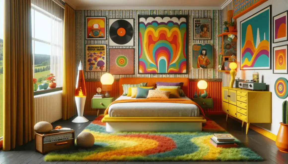 A vibrant bedroom with a strong retro aesthetic, featuring a lava lamp, colorful psychedelic art, and a shag rug.