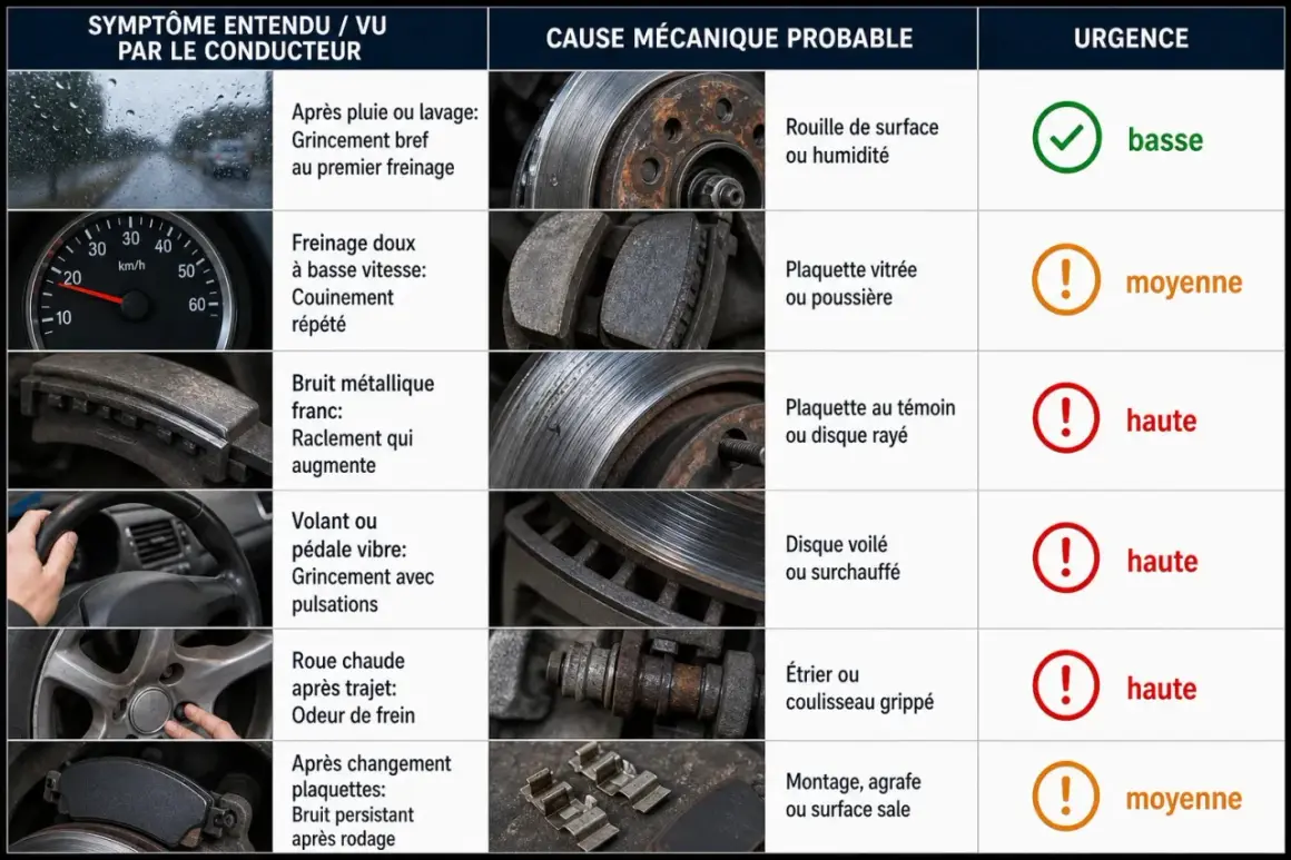 Tableau comparant symptômes de freinage, causes probables (ex: plaquette vitrée ou poussière) et urgence.