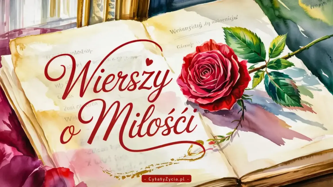 Księga pełna wzruszających krótkich wierszy o miłości, ozdobiona czerwoną różą.