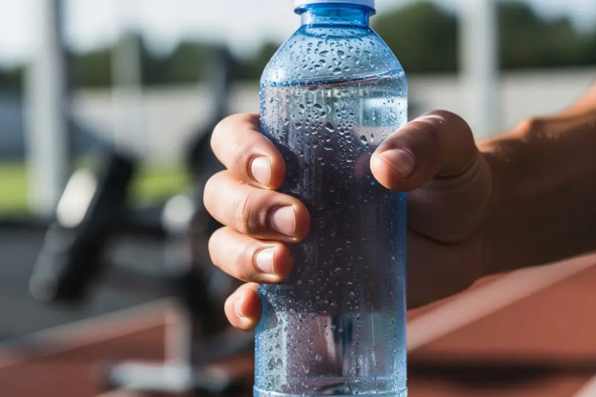 Main d'un sportif tenant une bouteille d'eau fraîche, idéale pour boire de l'eau avec du sel après l'effort.